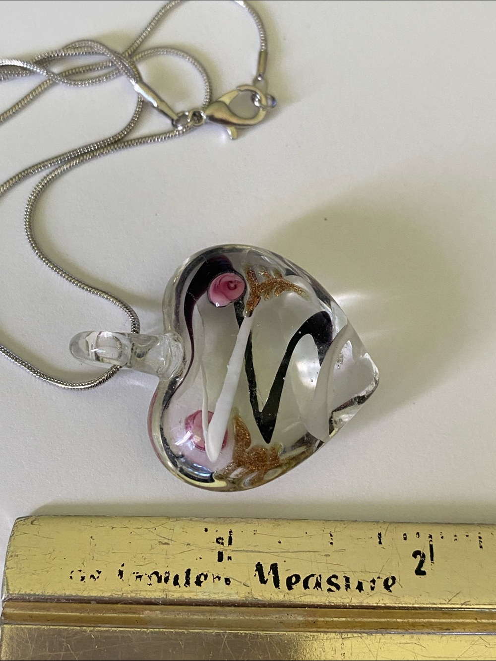 Artisan Clear Heart Glass Pendant Necklace with Pink and Gold Accents - Picture 4 of 5